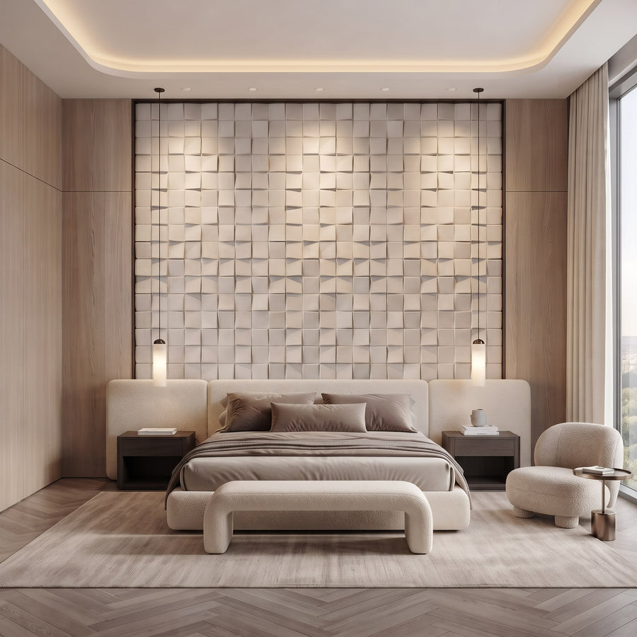 Ubiquitous Square 3D Leather Wall Panel in Beige White