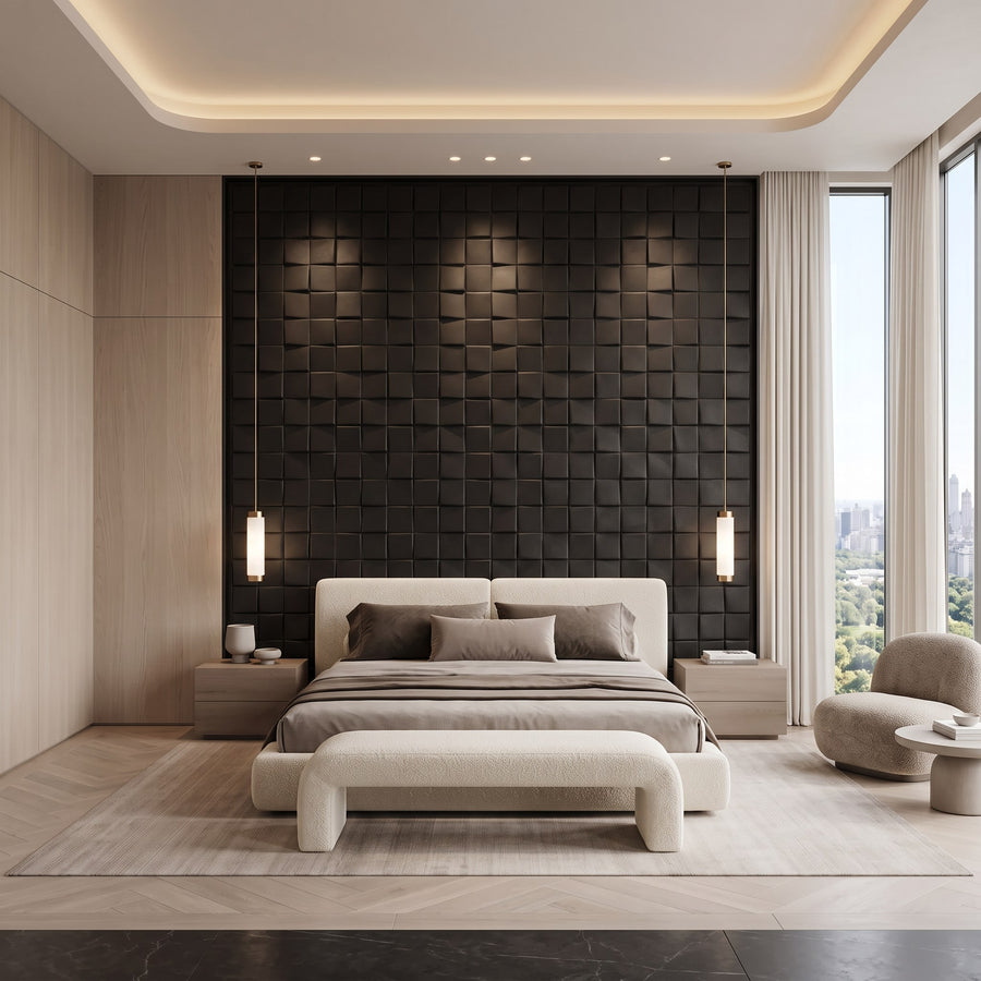 Ubiquitous Square 3D Leather Wall Panel in Black