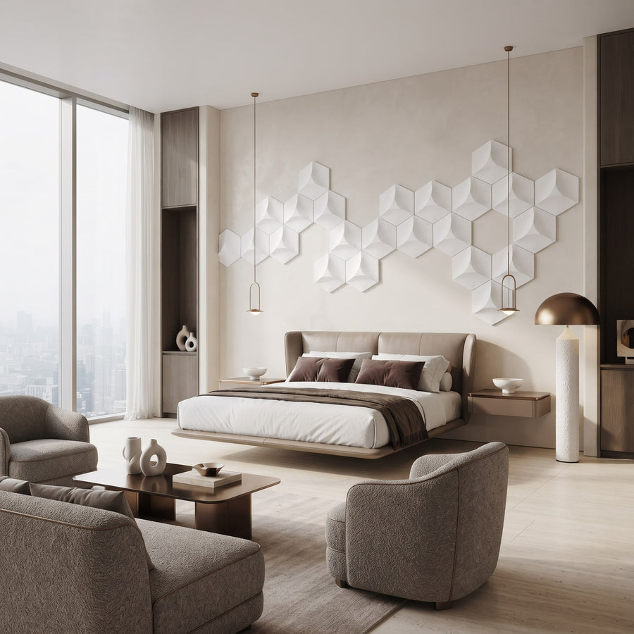 Cubed Hexagon 3D Leather Wall Panel in Classic White