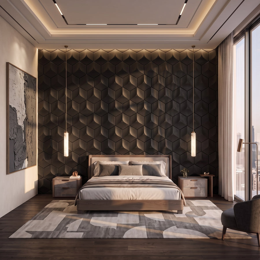 Cubed Hexagon 3D Leather Wall Panel in Black