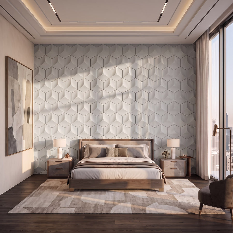 Cubed Hexagon 3D Leather Wall Panel in Light Grey