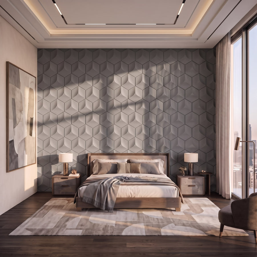 Cubed Hexagon 3D Leather Wall Panel in Grey