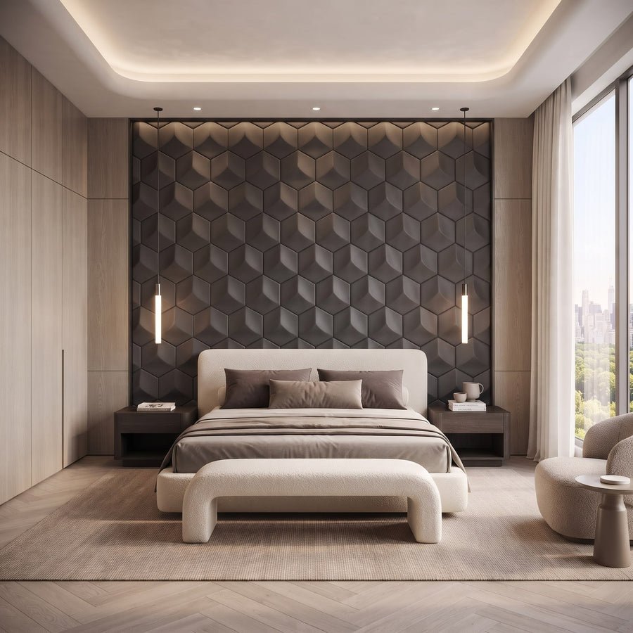 Cubed Hexagon 3D Leather Wall Panel in Charcoal Grey