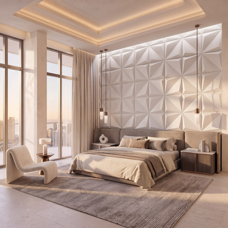 Leaves Square 3D Leather Wall Panel in Classic White