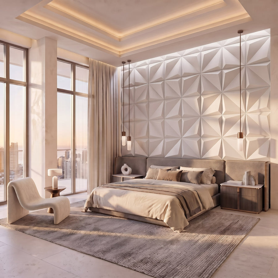 Leaves Square 3D Leather Wall Panel in Beige White