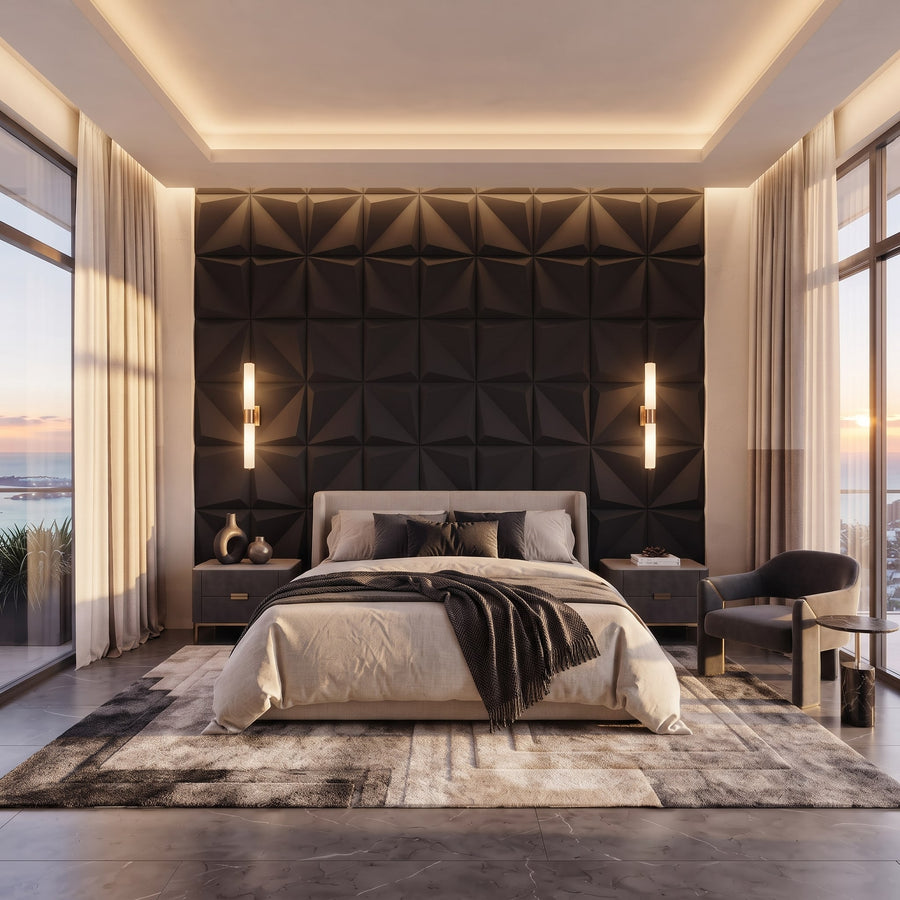 Leaves Square 3D Leather Wall Panel in Black