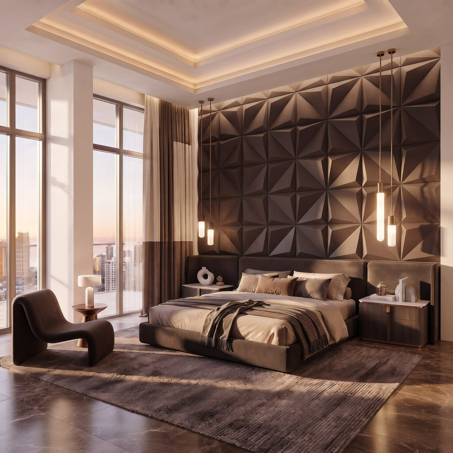 Leaves Square 3D Leather Wall Panel in Dark Brown