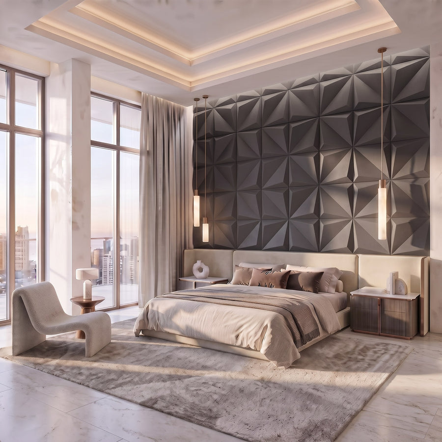Leaves Square 3D Leather Wall Panel in Charcoal Grey