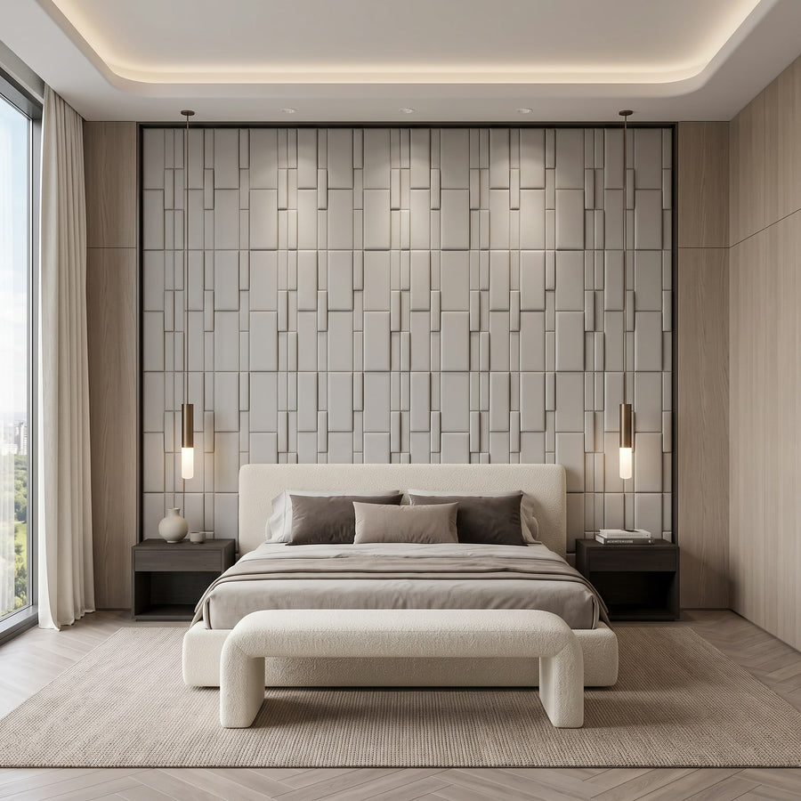Flux Square 3D Leather Wall Panel in Light Grey