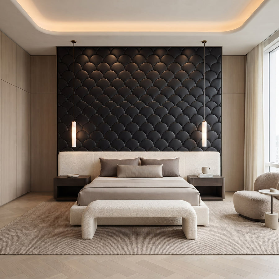Mermaid Scales Geometric 3D Leather Wall Panel in Black