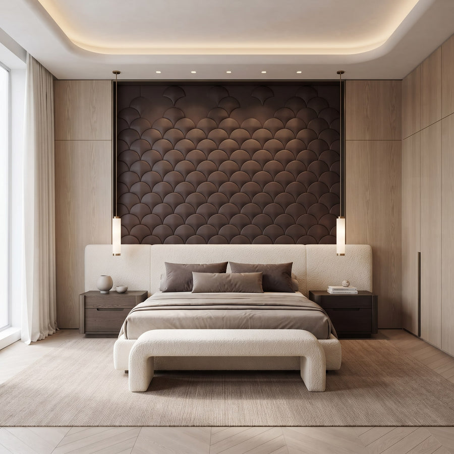 Mermaid Scales Geometric 3D Leather Wall Panel in Dark Brown