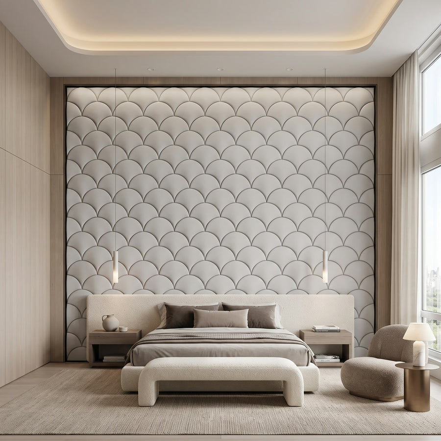 Mermaid Scales Geometric 3D Leather Wall Panel in Light Grey