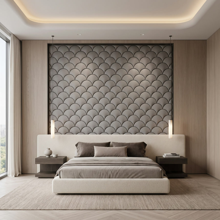 Mermaid Scales Geometric 3D Leather Wall Panel in Grey