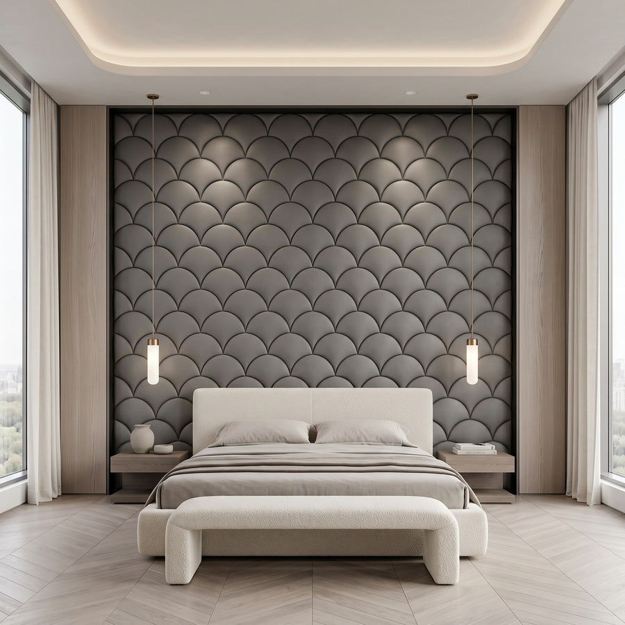 Mermaid Scales Geometric 3D Leather Wall Panel in Charcoal Grey