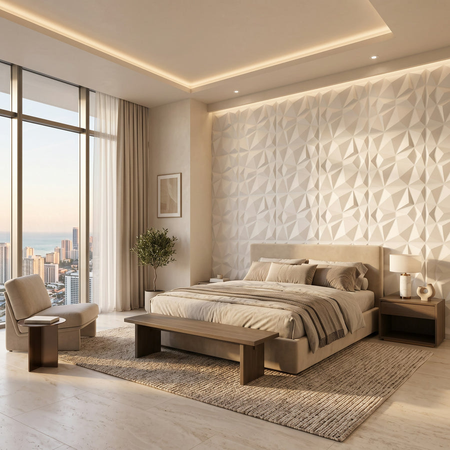 Diamond Fever Square 3D Leather Wall Panel in Classic White