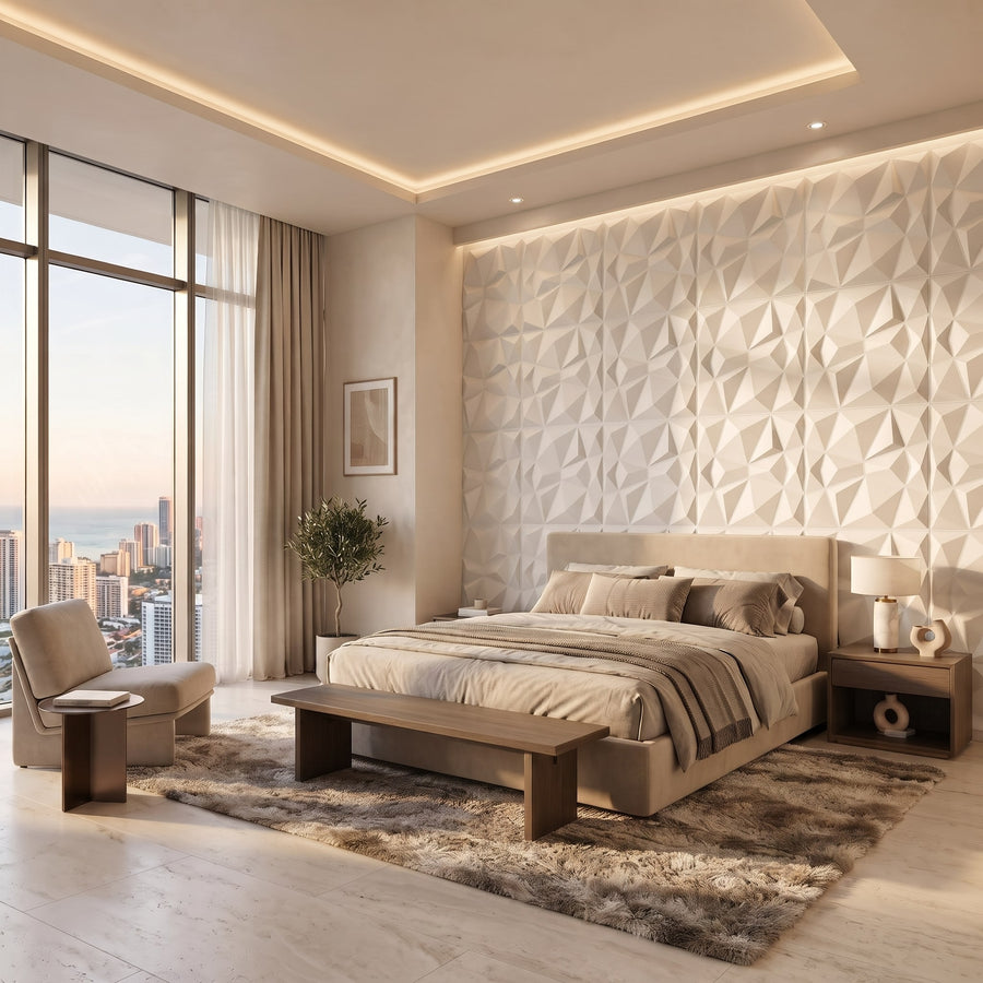 Diamond Fever Square 3D Leather Wall Panel in Beige White