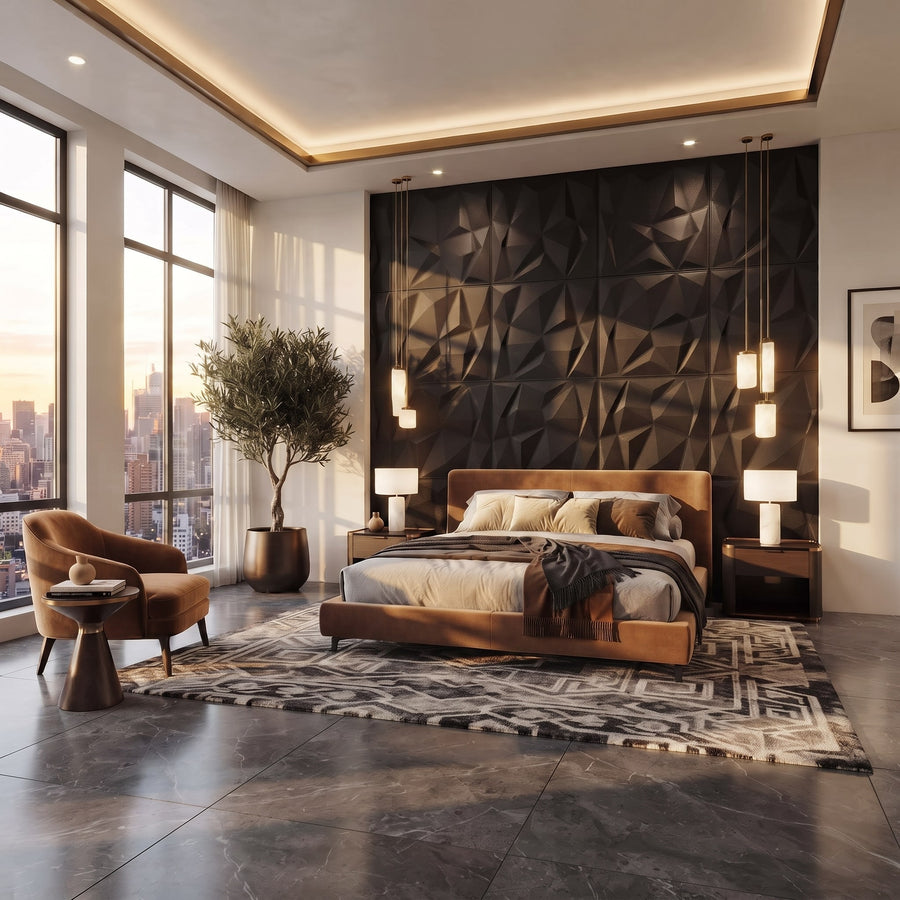 Diamond Fever Square 3D Leather Wall Panel in Dark Brown