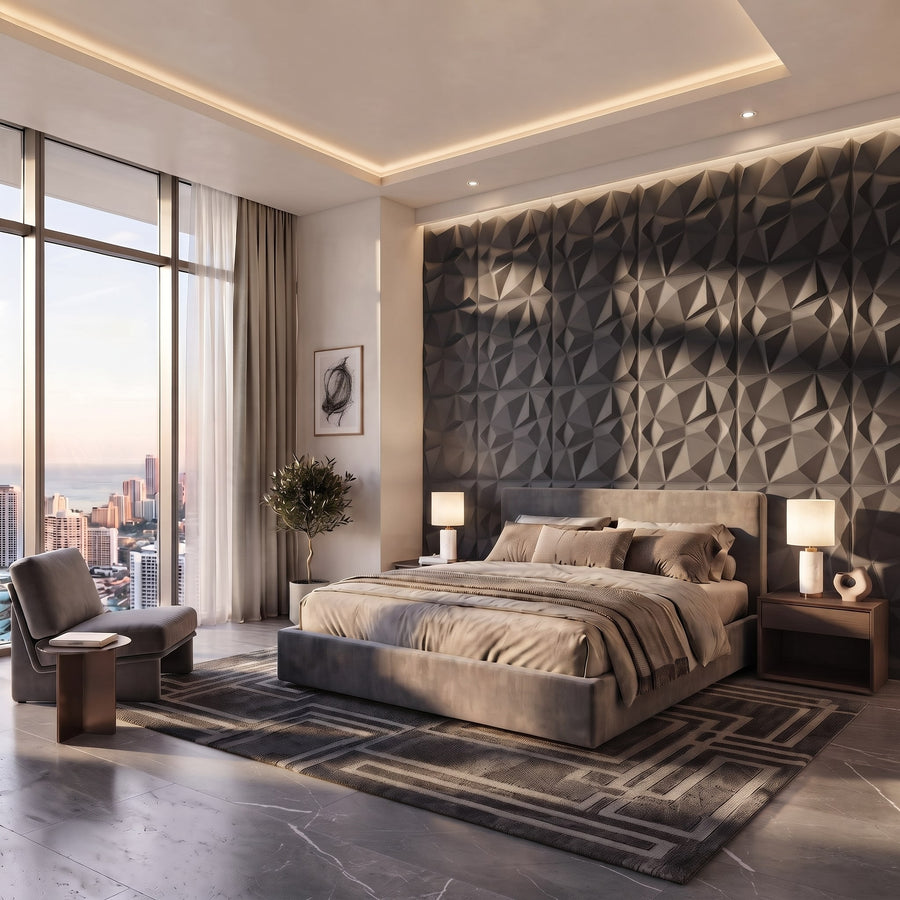 Diamond Fever Square 3D Leather Wall Panel in Charcoal Grey