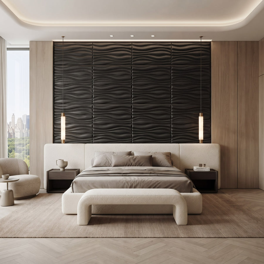 Gnarly Square 3D Leather Wall Panel in Black