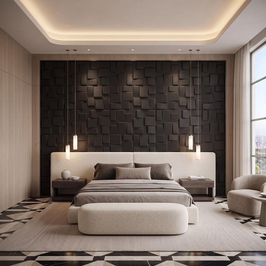 Rubik Square 3D Leather Wall Panel in Black