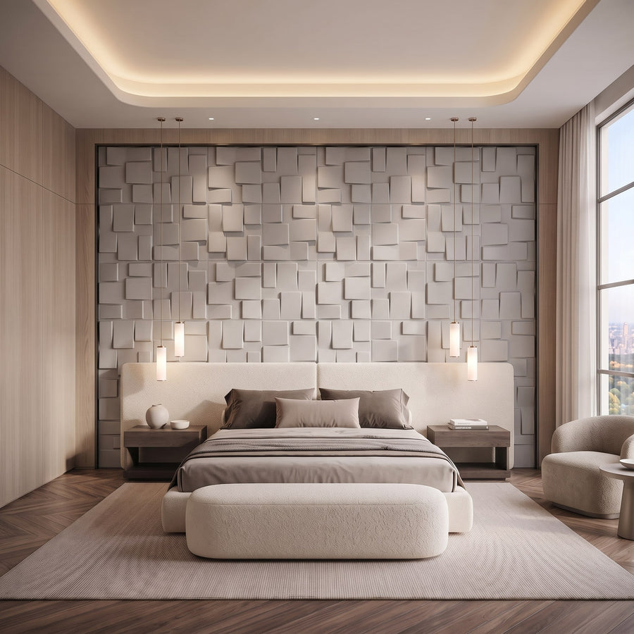 Rubik Square 3D Leather Wall Panel in Light Grey
