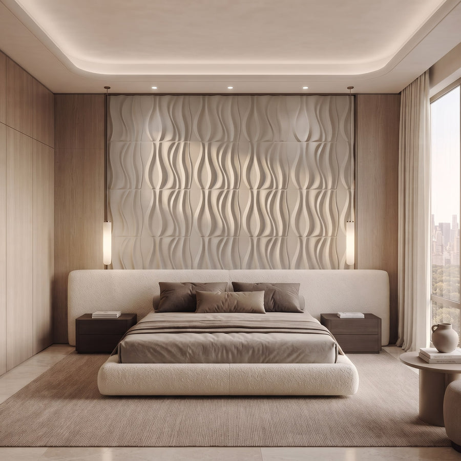 River Square 3D Leather Wall Panel in Beige White