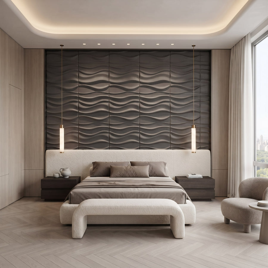 River Square 3D Leather Wall Panel in Charcoal Grey