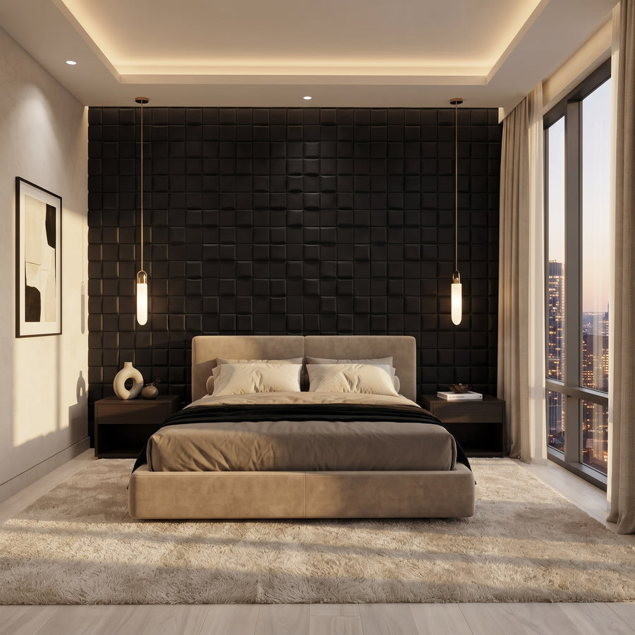 Tetris Square 3D Leather Wall Panel in Black