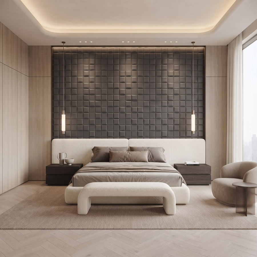 Tetris Square 3D Leather Wall Panel in Charcoal Grey