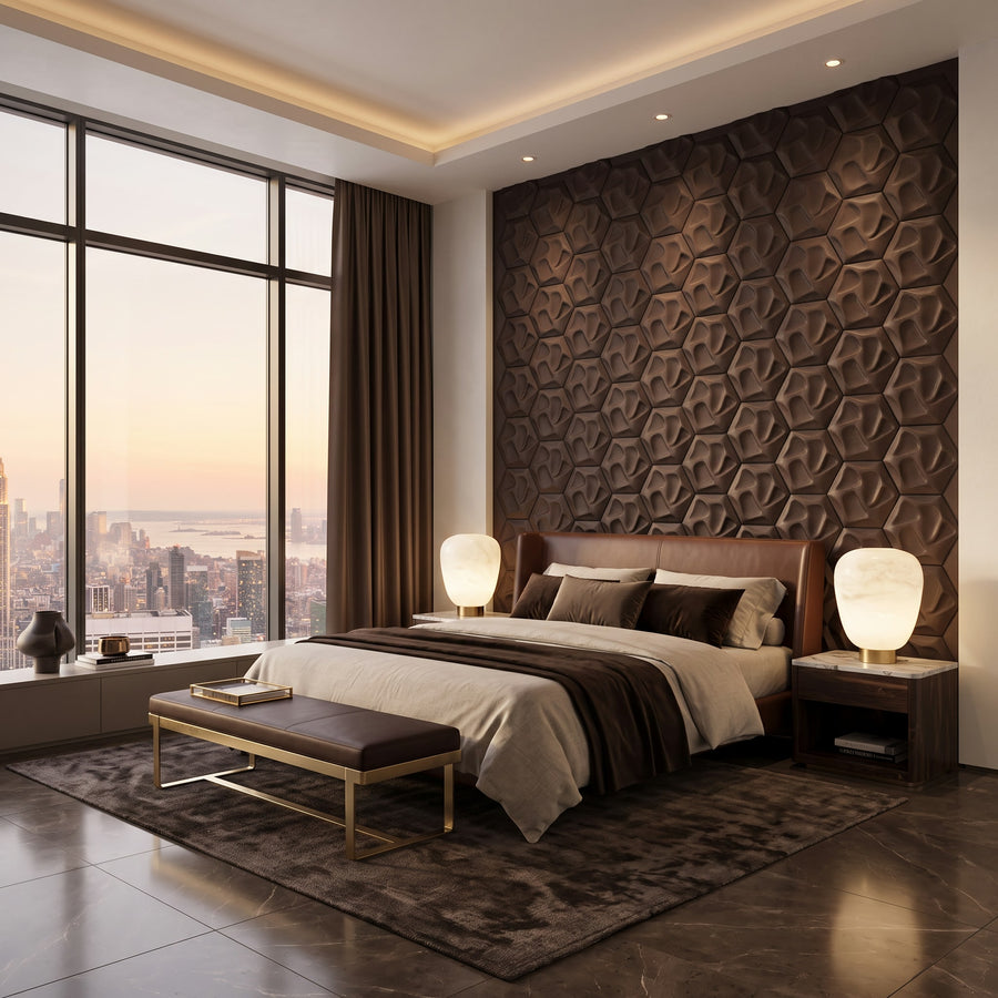 Speck Hexagon 3D Leather Wall Panel in Dark Brown