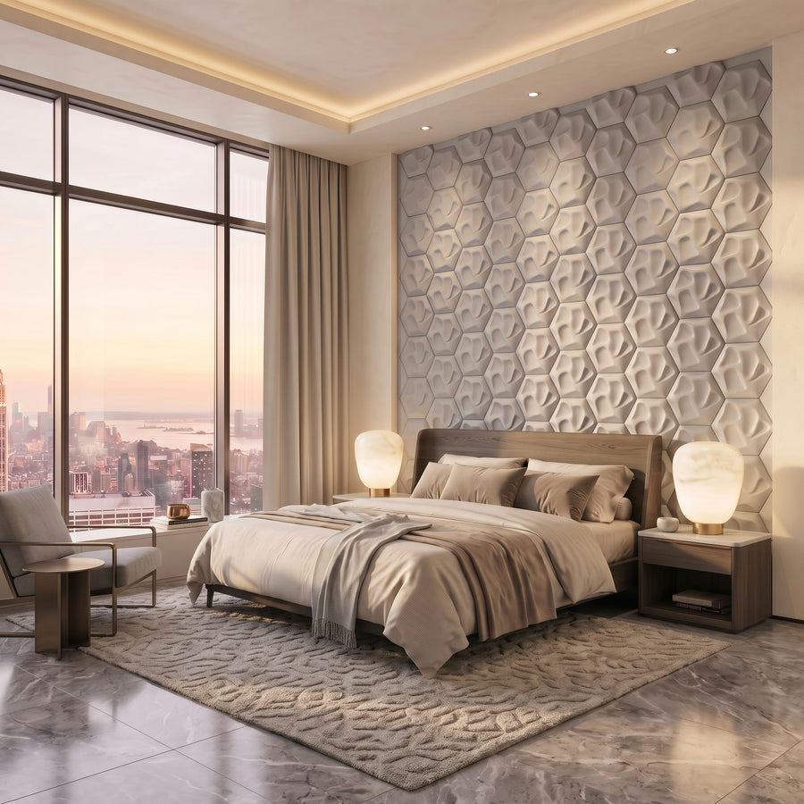 Speck Hexagon 3D Leather Wall Panel in Light Grey