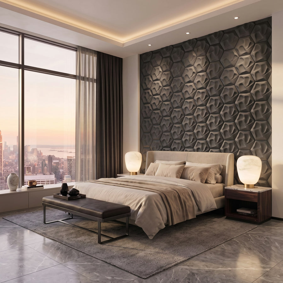 Speck Hexagon 3D Leather Wall Panel in Charcoal Grey