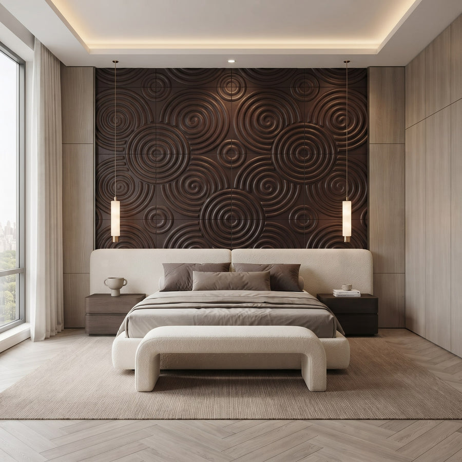 Hypnotized Square 3D Leather Wall Panel in Dark Brown