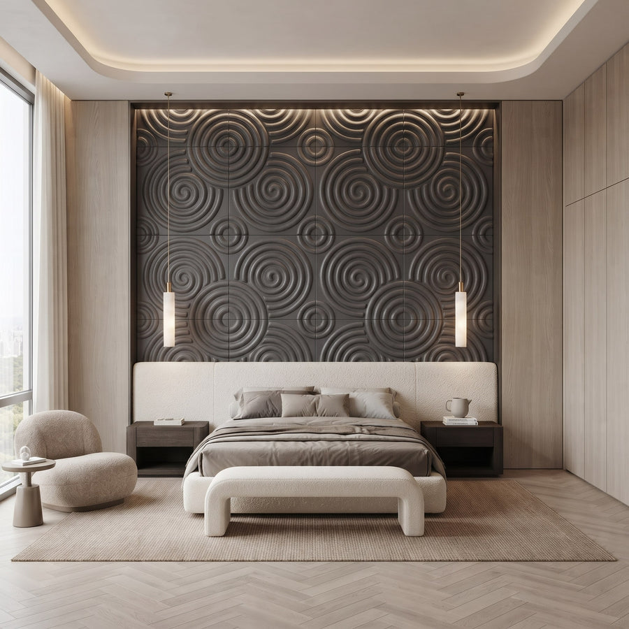 Hypnotized Square 3D Leather Wall Panel in Charcoal Grey