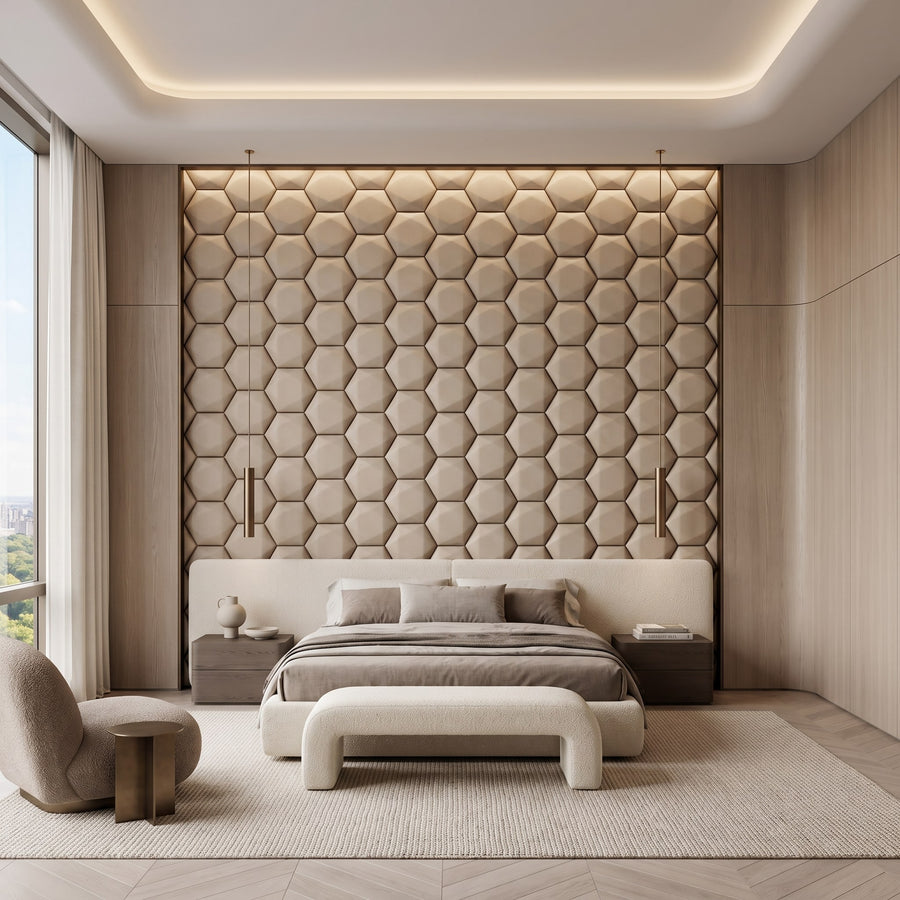 Trapezoid Hexagon 3D Leather Wall Panel in Beige White