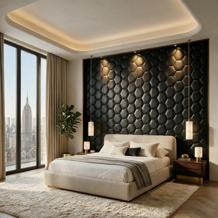 Trapezoid Hexagon 3D Leather Wall Panel in Black