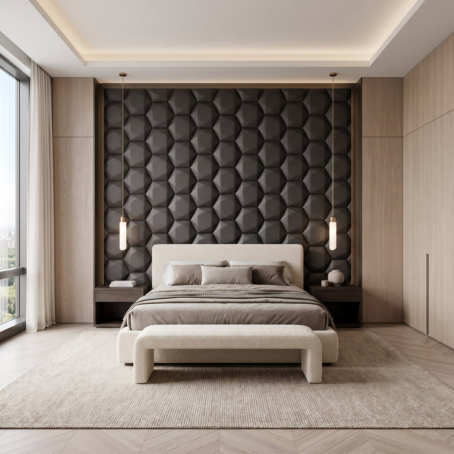Trapezoid Hexagon 3D Leather Wall Panel in Charcoal Grey