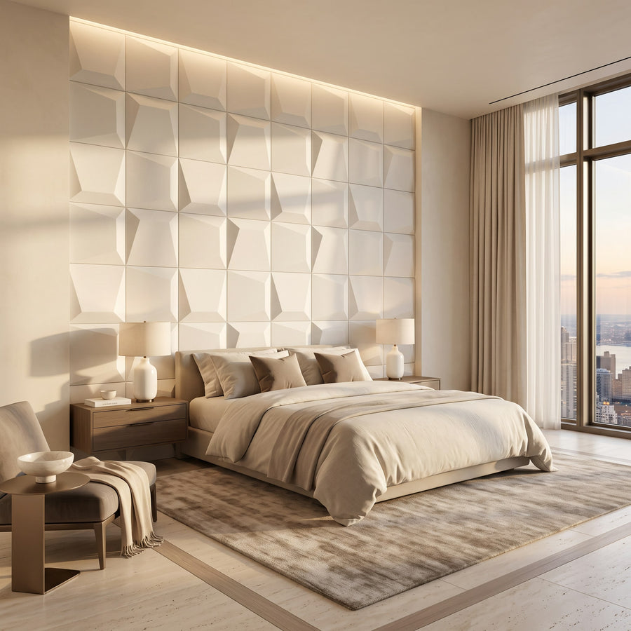 Mosaic Square 3D Leather Wall Panel in Classic White