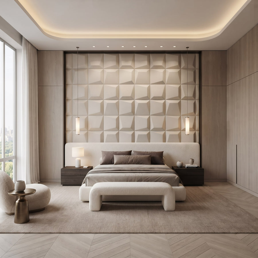 Mosaic Square 3D Leather Wall Panel in Beige White