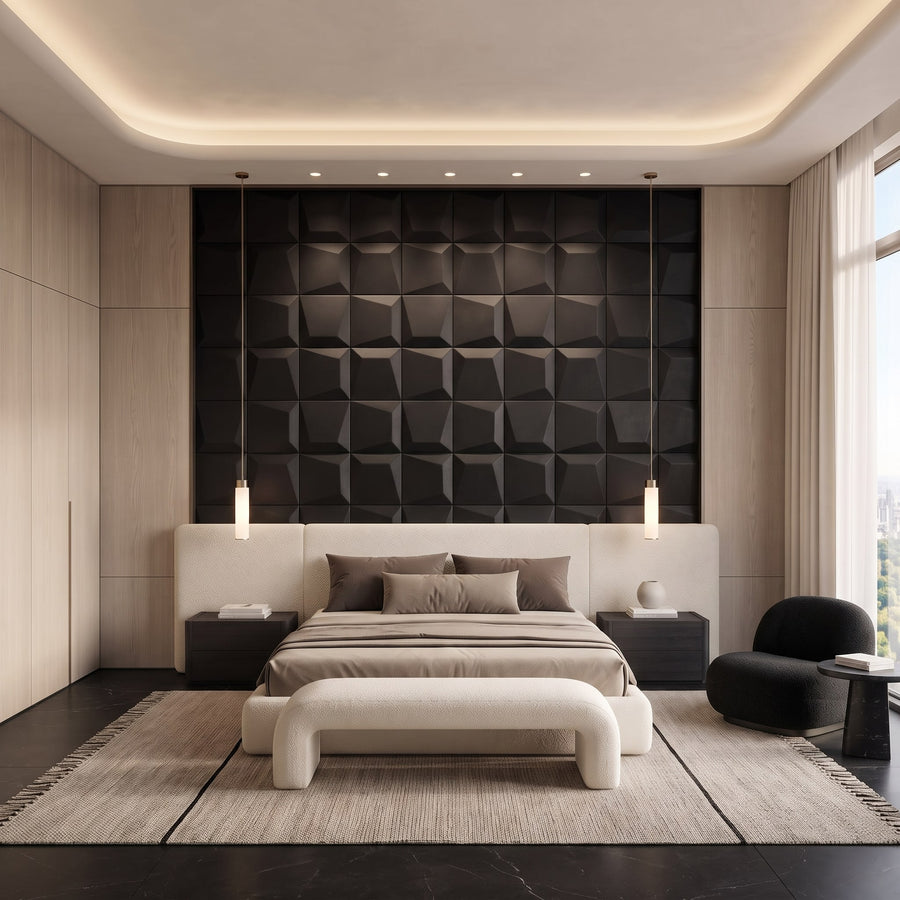 Mosaic Square 3D Leather Wall Panel in Black