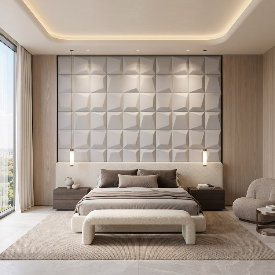 Mosaic Square 3D Leather Wall Panel in Light Grey