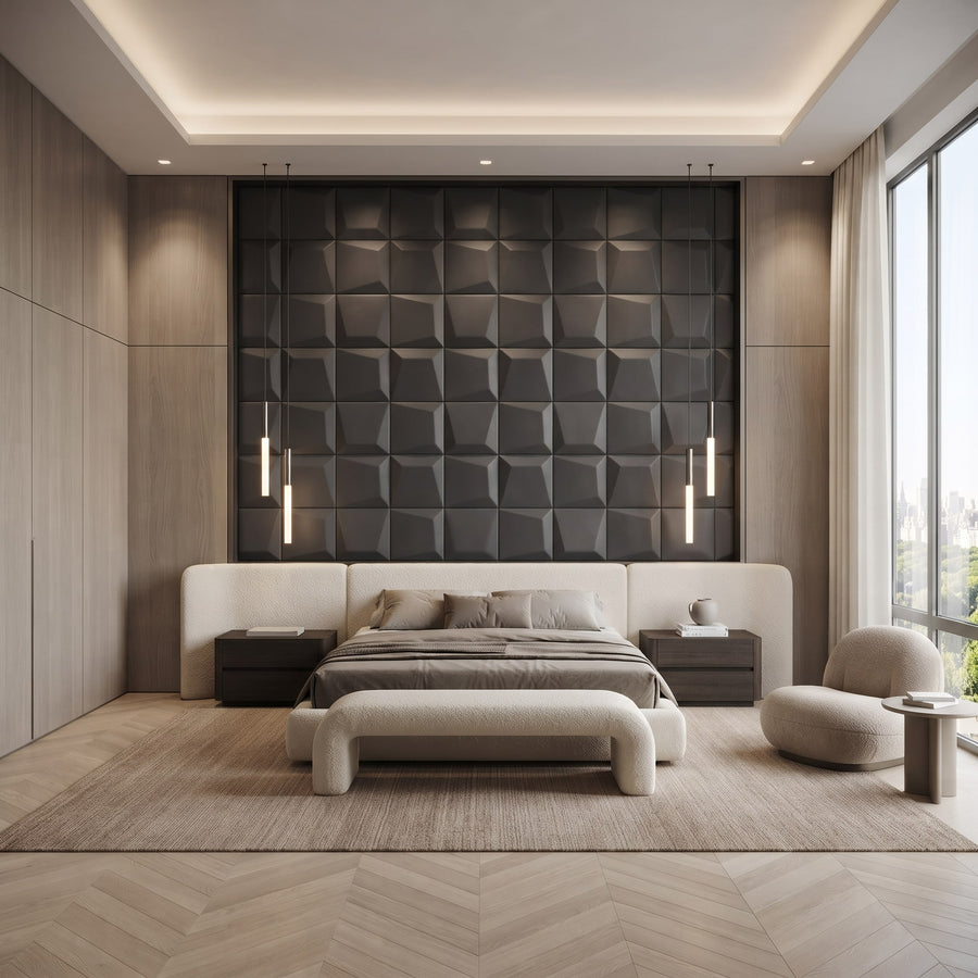 Mosaic Square 3D Leather Wall Panel in Charcoal Grey