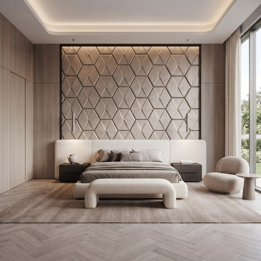 Diamond Tile Hexagon 3D Leather Wall Panel in Beige White