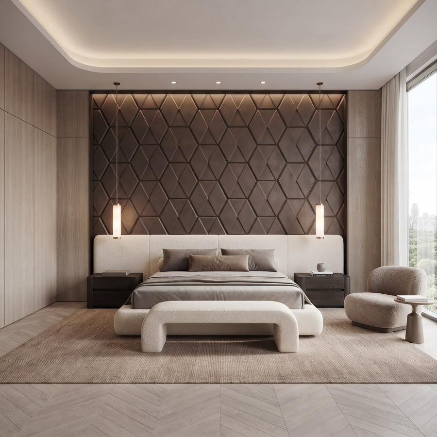 Diamond Tile Hexagon 3D Leather Wall Panel in Dark Brown