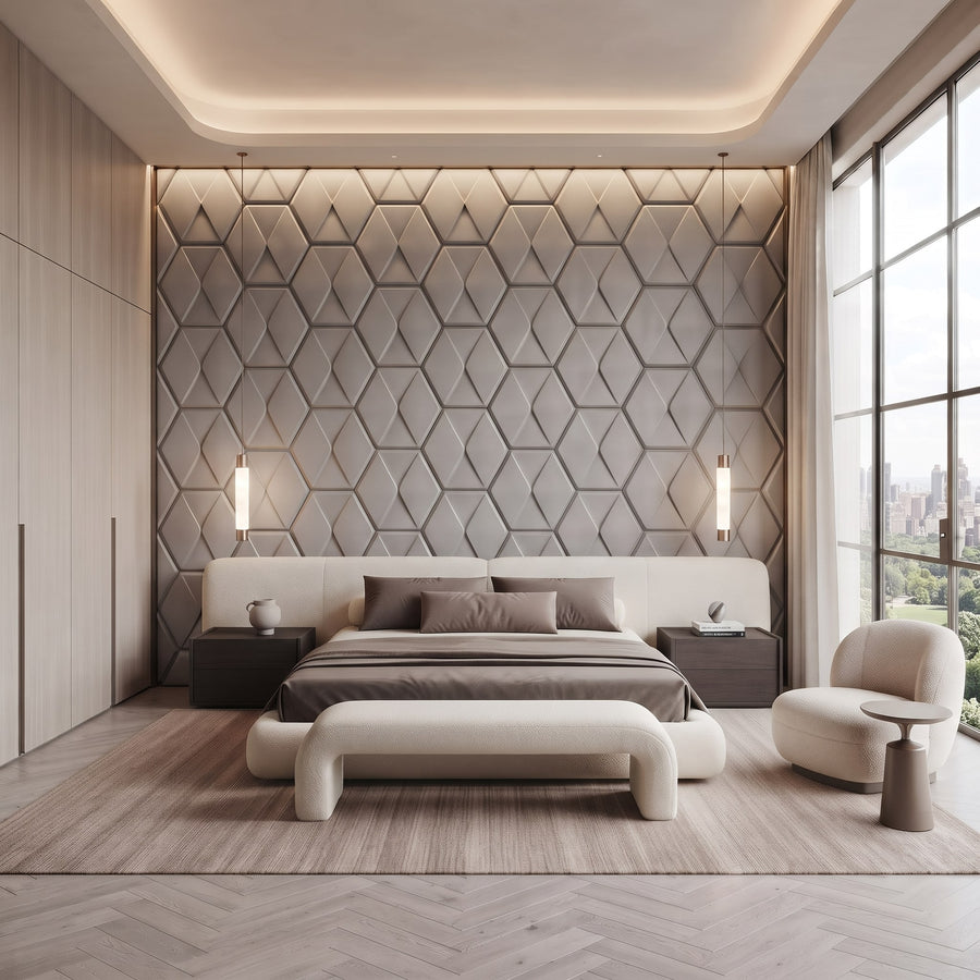 Diamond Tile Hexagon 3D Leather Wall Panel in Light Grey