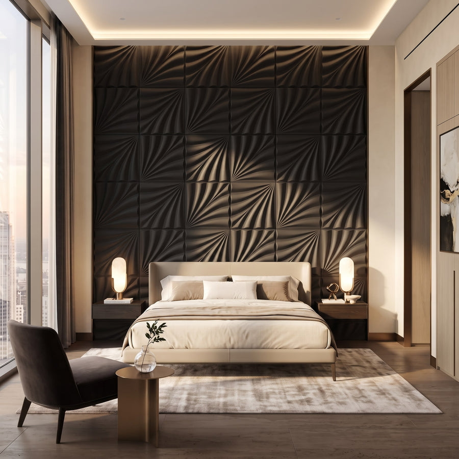 Rays Square 3D Leather Wall Panel in Black