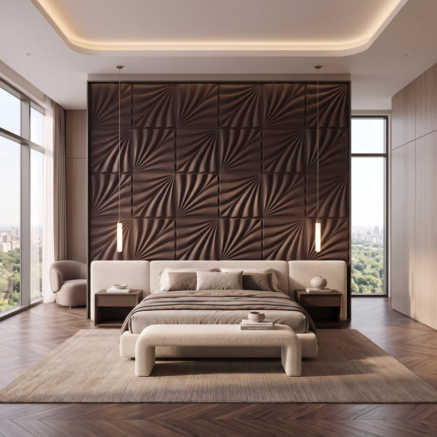 Rays Square 3D Leather Wall Panel in Dark Brown