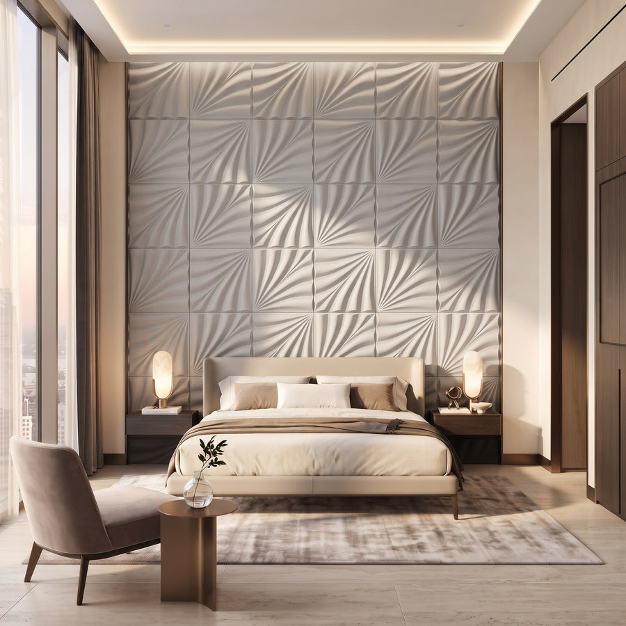 Rays Square 3D Leather Wall Panel in Light Grey