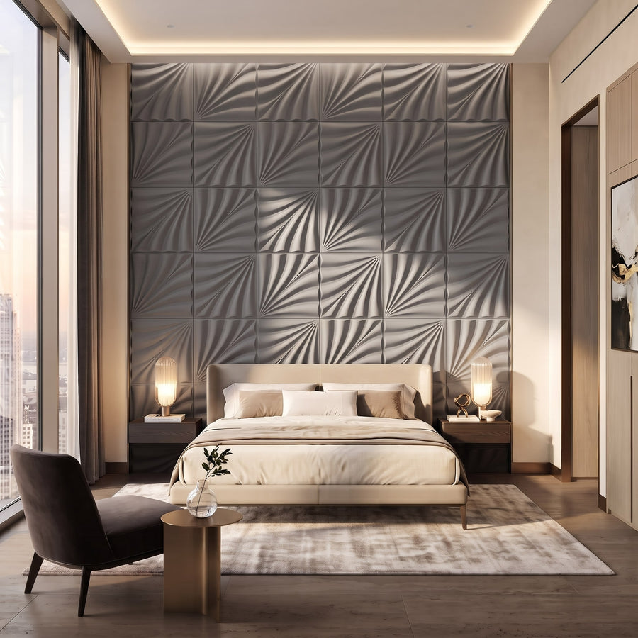 Rays Square 3D Leather Wall Panel in Grey