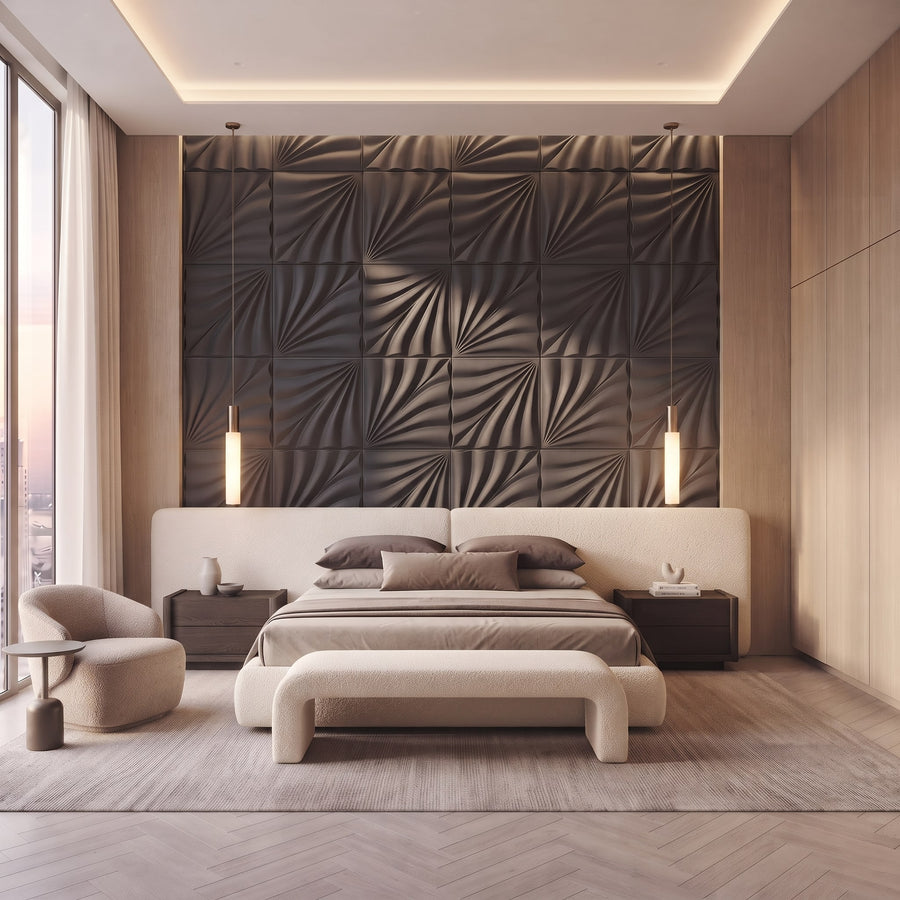 Rays Square 3D Leather Wall Panel in Charcoal Grey